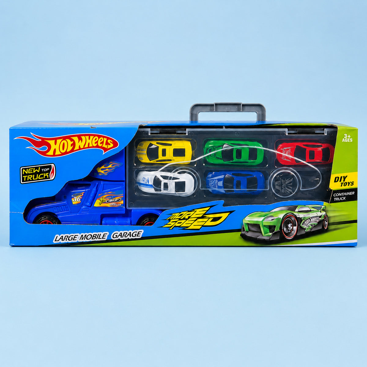 Packaged mobile garage transport truck toy with six colorful toy cars, front view