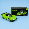 A bright lime green toy race car with black and purple decals is shown in front of its black retail box labeled 'SCORPION variant car' on a light blue background.