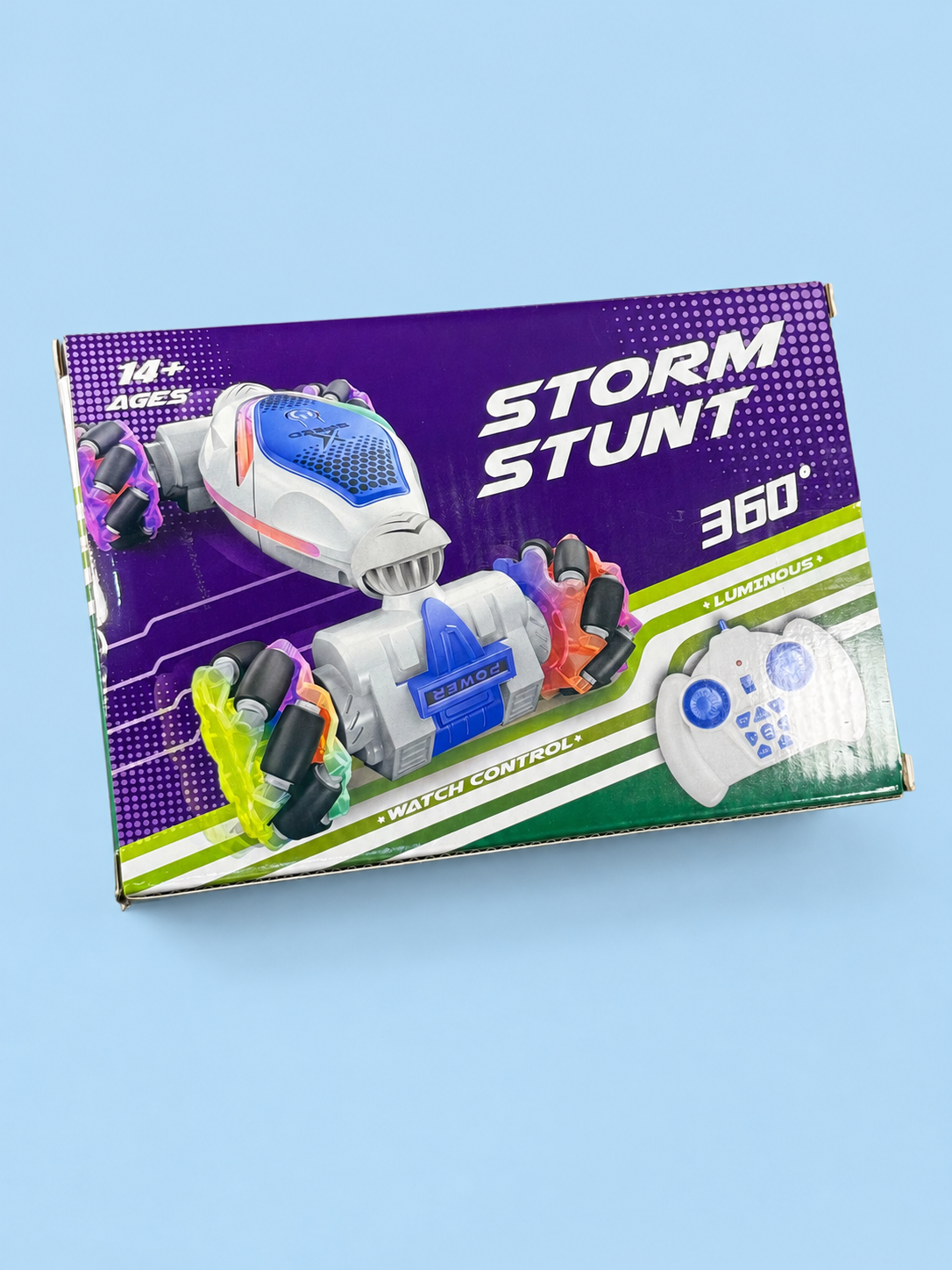 360° Remote Control Stunt Car with Watch Controller, Lights & Omni Wheels – Rechargeable RC Toy, Ages 14+
