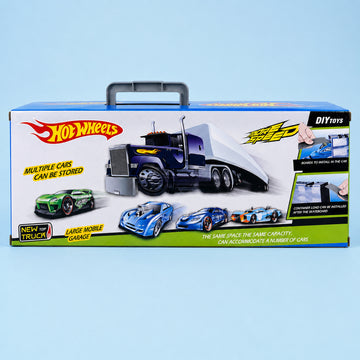 Hot Wheels DIY Toys Large Mobile Garage toy set in its original retail packaging, featuring a blue and white semi-truck garage with illustrations of various toy cars on a light blue background.