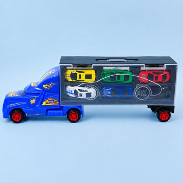 A blue toy semi-truck with a clear enclosed trailer carrying six small toy cars in different colors, shown on a light blue background.