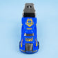 Blue mobile garage transport truck toy with six colorful toy cars, front top view