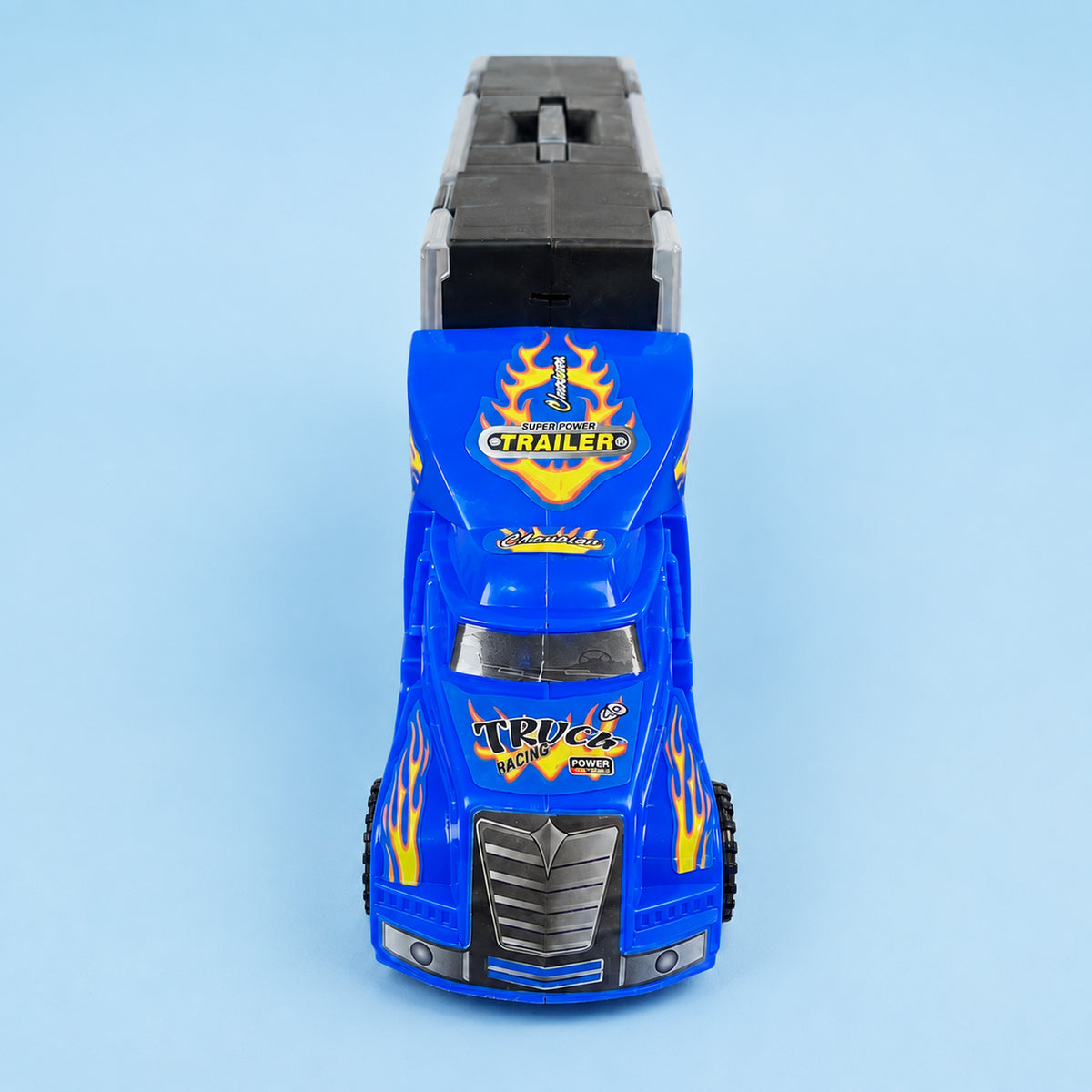 Blue mobile garage transport truck toy with six colorful toy cars, front top view