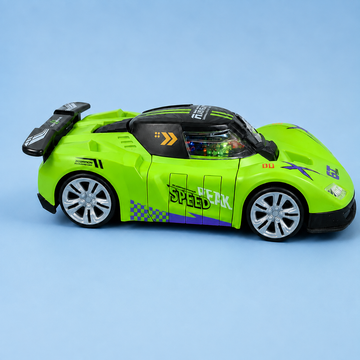 A toy model of a high-performance sports car in bright lime green and black, featuring 'SPEED' and 'MAGNUM' decals, photographed on a solid light blue background.