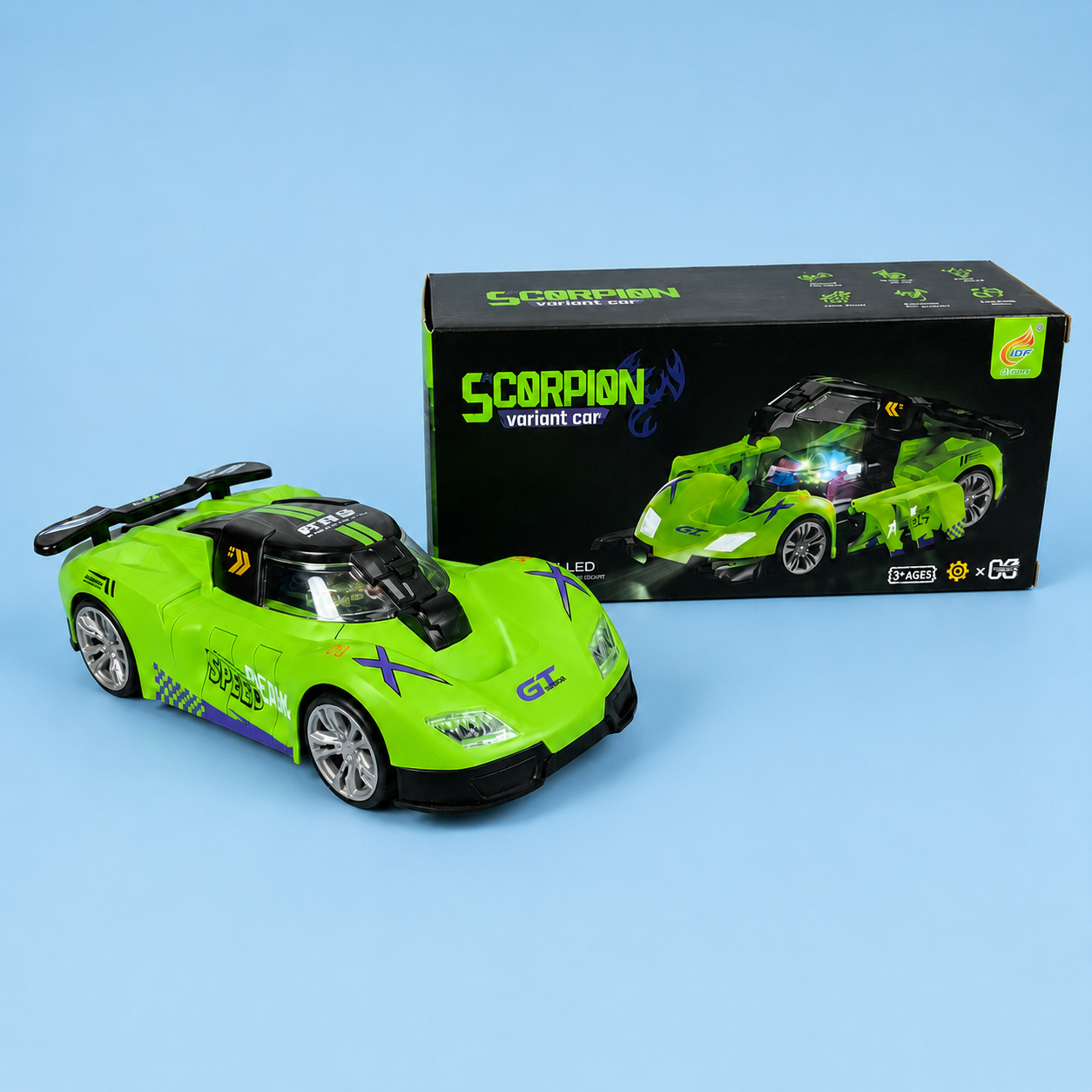 A bright lime green toy race car with black and purple decals is shown in front of its black retail box labeled 'SCORPION variant car' on a light blue background.