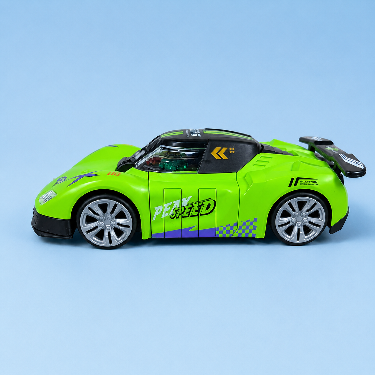 A bright lime green toy sports car with 'PEAK SPEED' written on the side, displayed on a light blue background.