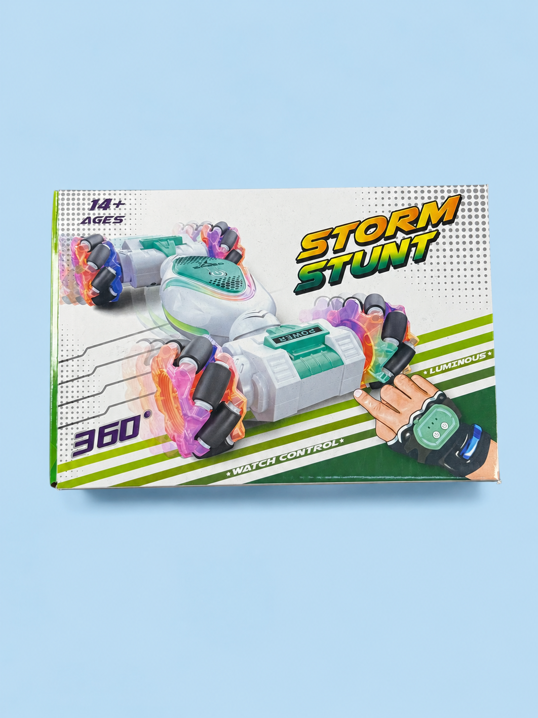 360° Remote Control Stunt Car with Watch Controller, Lights & Omni Wheels – Rechargeable RC Toy, Ages 14+