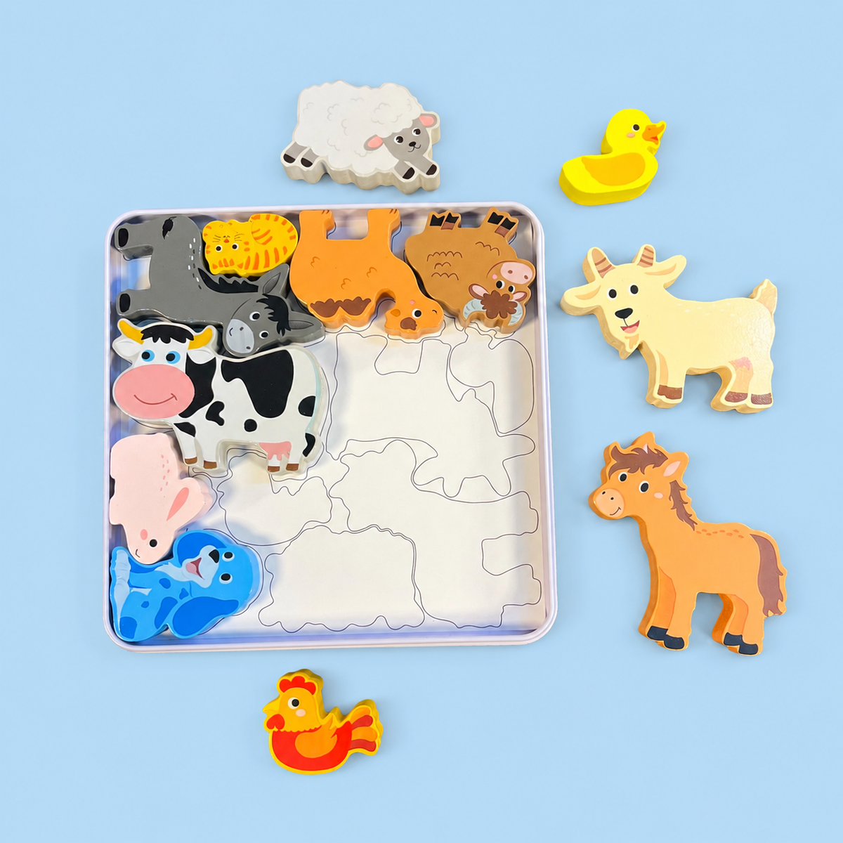 Farm Animal Wooden Block Puzzle with Metal Storage Box – Educational Shape-Matching Toy for Kids, Ages 3+