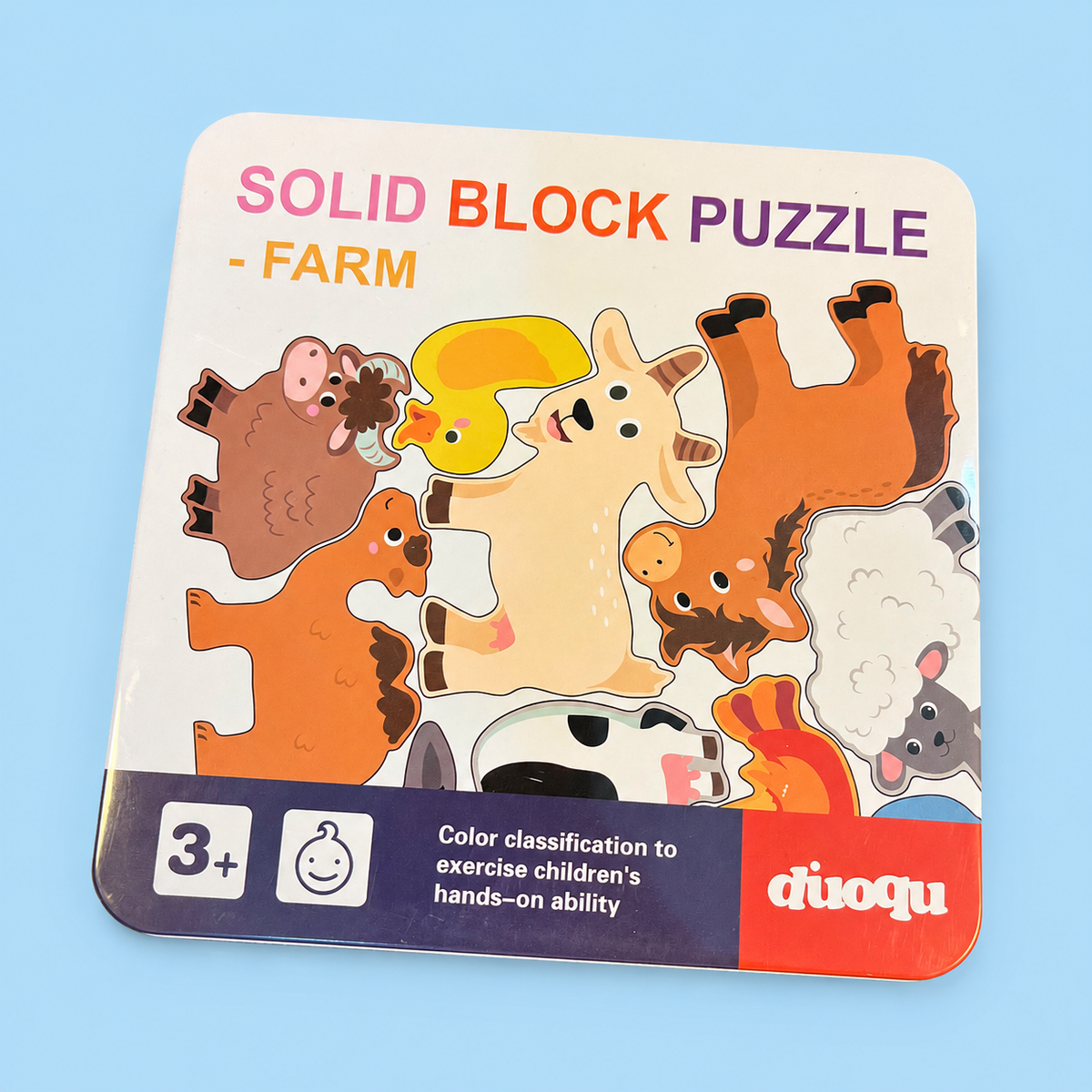 Farm Animal Wooden Block Puzzle with Metal Storage Box – Educational Shape-Matching Toy for Kids, Ages 3+
