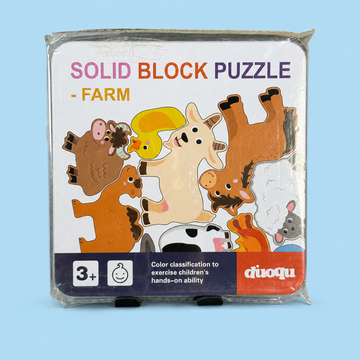 Farm Animal Wooden Block Puzzle with Metal Storage Box – Educational Shape-Matching Toy for Kids, Ages 3+