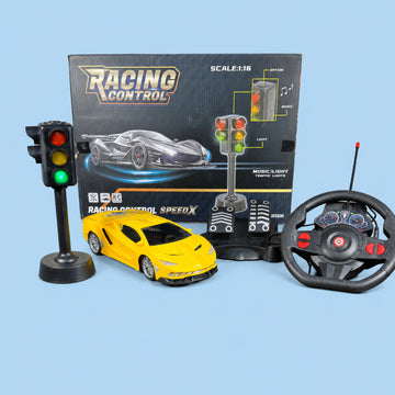 Remote Control Racing Car with Steering Wheel, Foot Pedals & Musical Traffic Light – Kids Driving Toy, Ages 3+