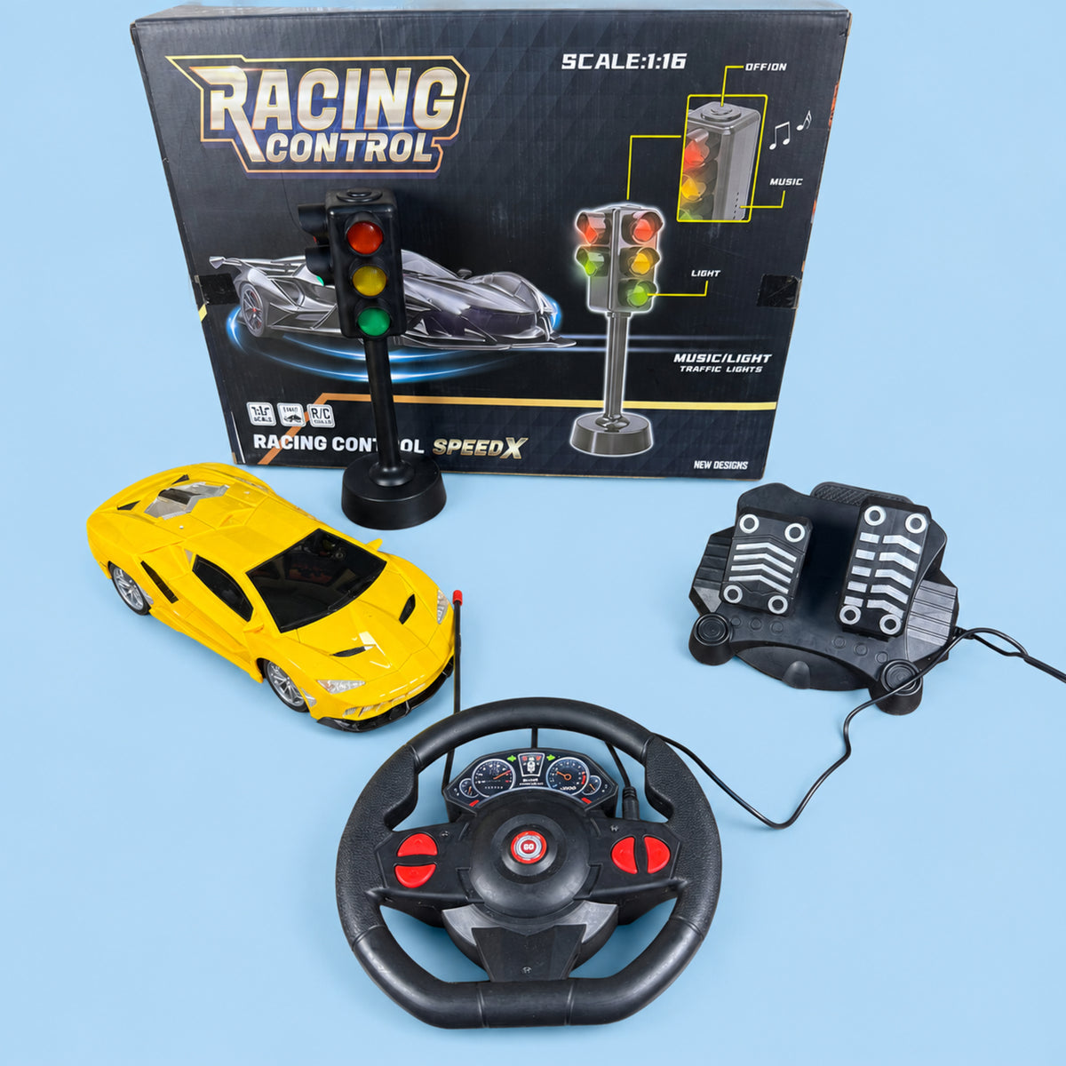 Remote Control Racing Car with Steering Wheel, Foot Pedals & Musical Traffic Light – Kids Driving Toy, Ages 3+