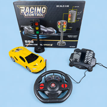 Remote Control Racing Car with Steering Wheel, Foot Pedals & Musical Traffic Light – Kids Driving Toy, Ages 3+