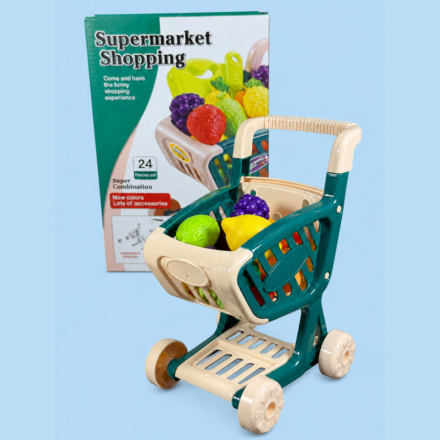 Piece Kids Supermarket Shopping Cart with Pretend Fruits & Vegetables – Grocery Role-Play Toy Set