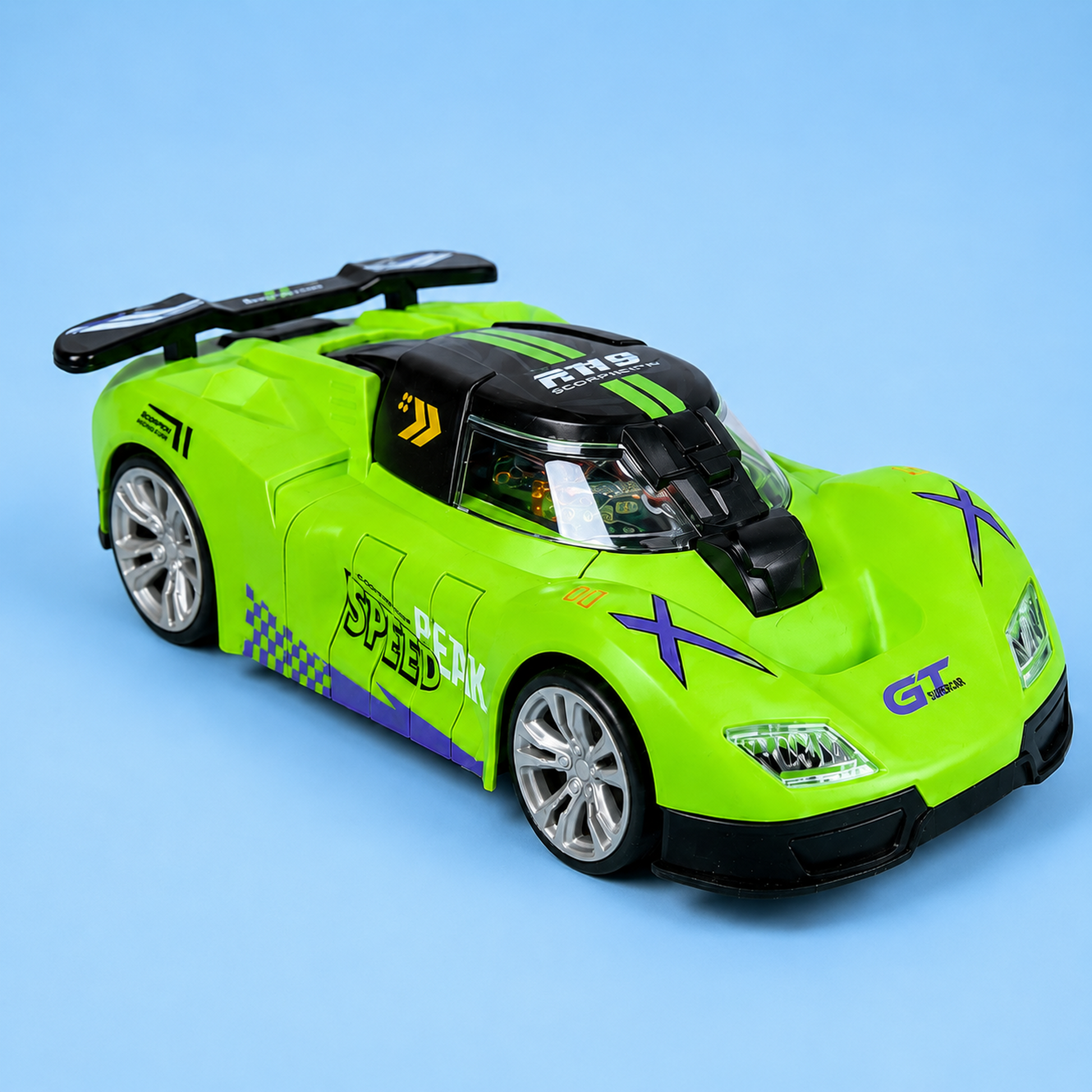 A bright lime green toy race car with black, purple, and white racing decals, displayed on a solid light blue background.